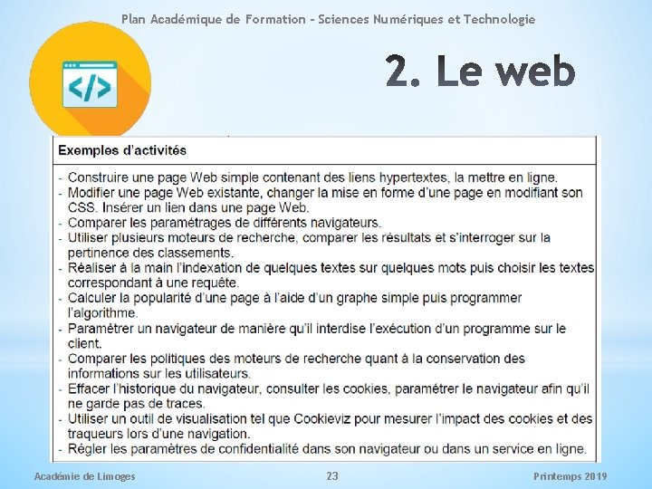 Plan Académique de Formation - Sciences Numériques et Technologie Académie de Limoges 23 Printemps