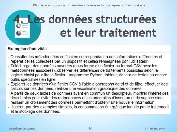 Plan Académique de Formation - Sciences Numériques et Technologie Académie de Limoges 34 Printemps