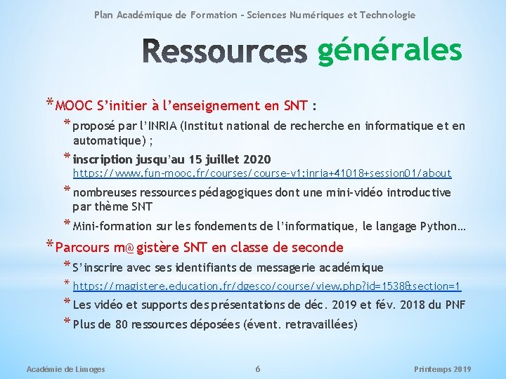 Plan Académique de Formation - Sciences Numériques et Technologie générales * MOOC S’initier à