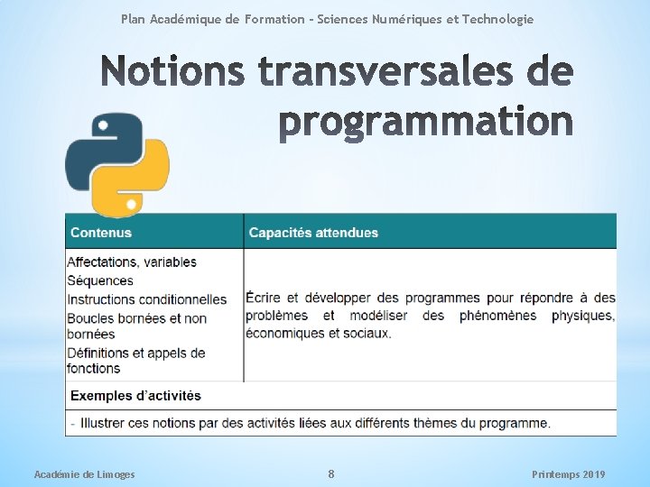 Plan Académique de Formation - Sciences Numériques et Technologie Académie de Limoges 8 Printemps