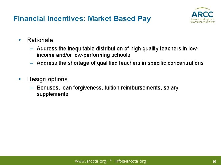 Financial Incentives: Market Based Pay • Rationale – Address the inequitable distribution of high