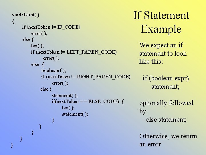  void ifstmt( ) { if (next. Token != IF_CODE) error( ); else {