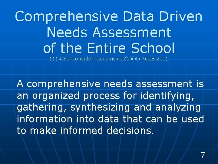 Comprehensive Data Driven Needs Assessment of the Entire School 1114. Schoolwide Programs (b)(1)(A) NCLB