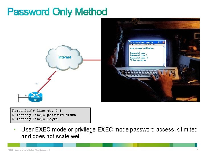 User Access Verification Internet Password: cisco 12 % Bad passwords R 1(config)# line vty