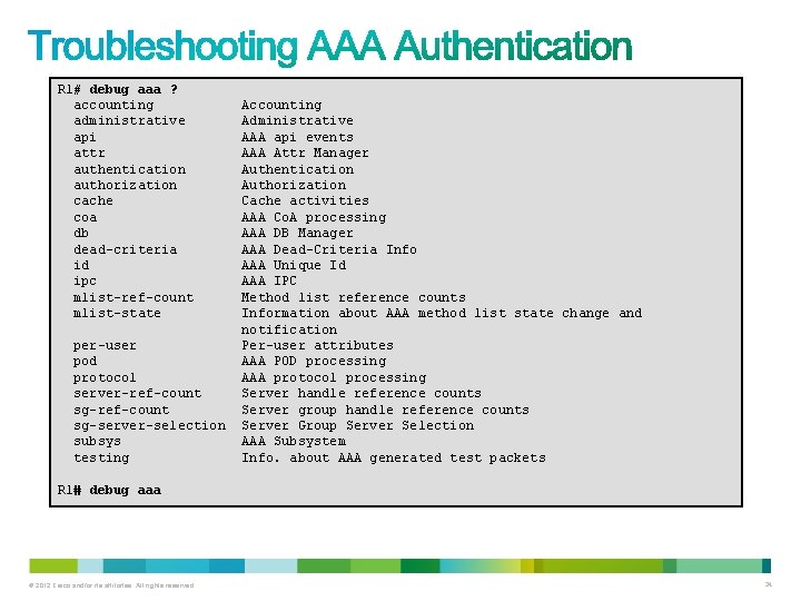 R 1# debug aaa ? accounting administrative api attr authentication authorization cache coa db