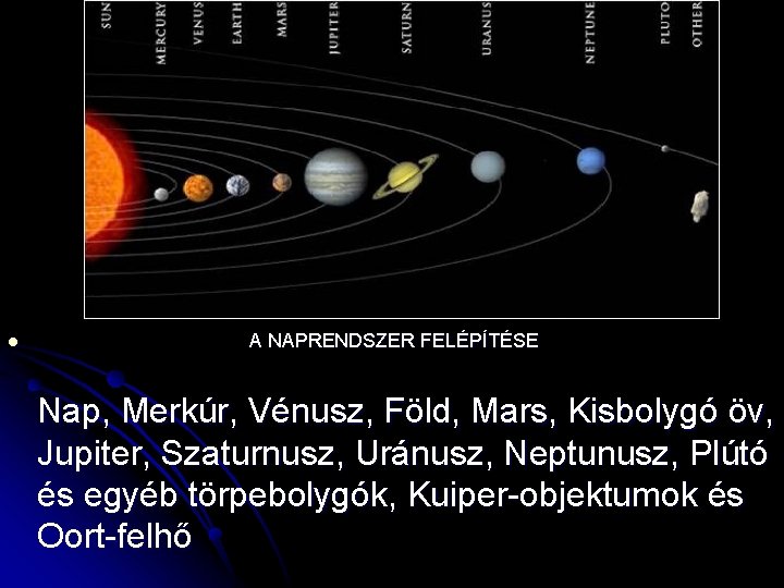 l A NAPRENDSZER FELÉPÍTÉSE Nap, Merkúr, Vénusz, Föld, Mars, Kisbolygó öv, Jupiter, Szaturnusz, Uránusz,