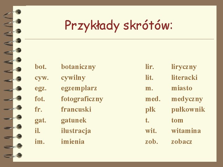 Przykłady skrótów: bot. cyw. egz. fot. fr. gat. il. im. botaniczny cywilny egzemplarz fotograficzny Przykłady skrótów: bot. cyw. egz. fot. fr. gat. il. im. botaniczny cywilny egzemplarz fotograficzny