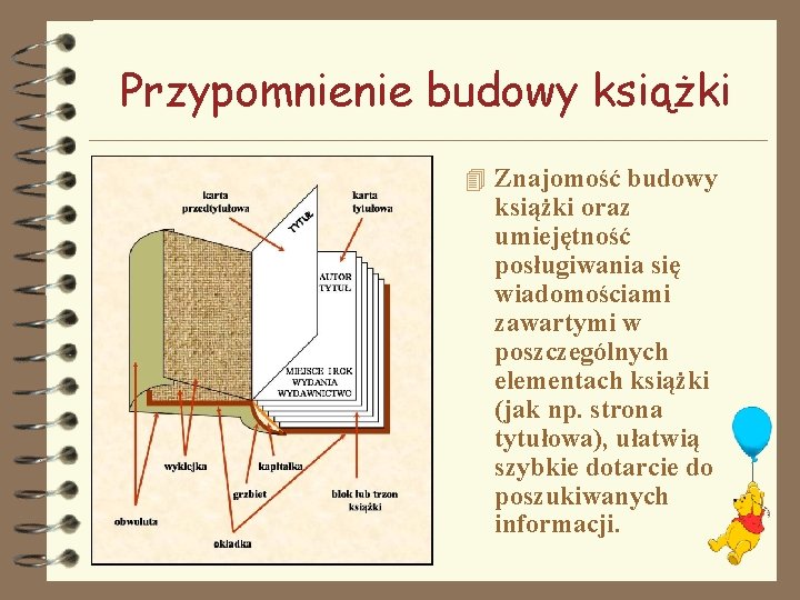 Przypomnienie budowy książki 4 Znajomość budowy książki oraz umiejętność posługiwania się wiadomościami zawartymi w Przypomnienie budowy książki 4 Znajomość budowy książki oraz umiejętność posługiwania się wiadomościami zawartymi w