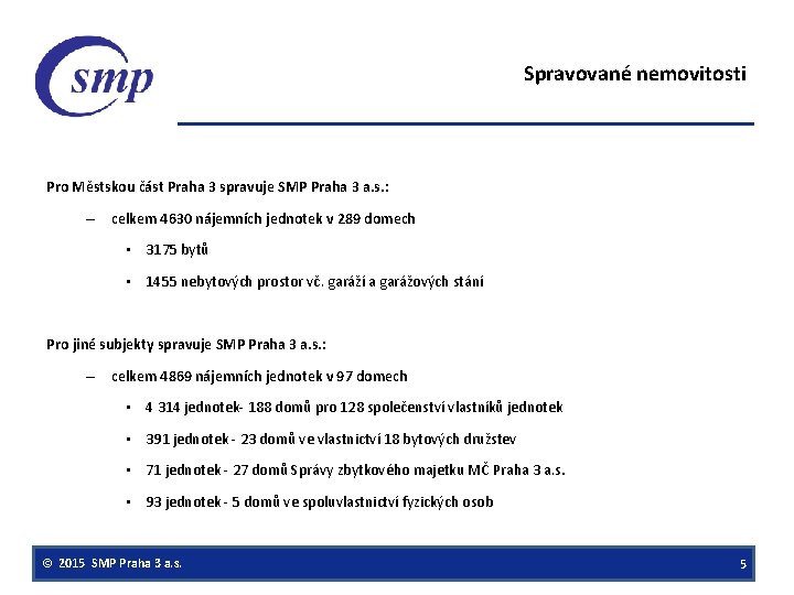 Spravované nemovitosti Pro Městskou část Praha 3 spravuje SMP Praha 3 a. s. :