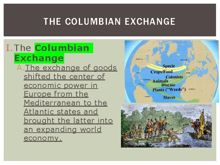 THE COLUMBIAN EXCHANGE I. The Columbian Exchange A. The exchange of goods shifted the