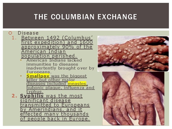 THE COLUMBIAN EXCHANGE Disease 1. Between 1492 (Columbus’ first expedition) and 1600 approximately 90%