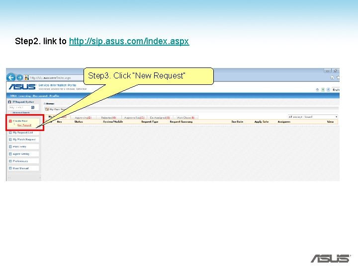 Step 2. link to http: //sip. asus. com/index. aspx Step 3. Click “New Request” Step 2. link to http: //sip. asus. com/index. aspx Step 3. Click “New Request”