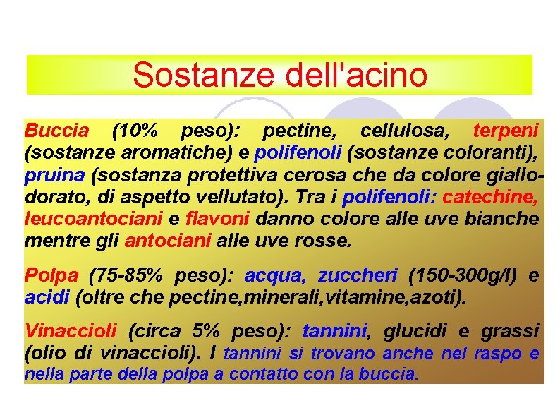 Sostanze dell'acino Buccia (10% peso): pectine, cellulosa, terpeni (sostanze aromatiche) e polifenoli (sostanze coloranti),
