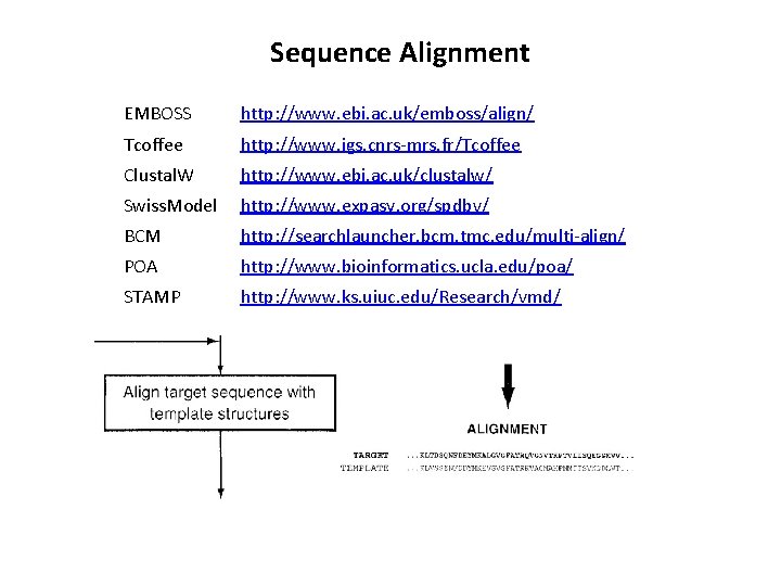 Sequence Alignment EMBOSS http: //www. ebi. ac. uk/emboss/align/ Tcoffee http: //www. igs. cnrs-mrs. fr/Tcoffee