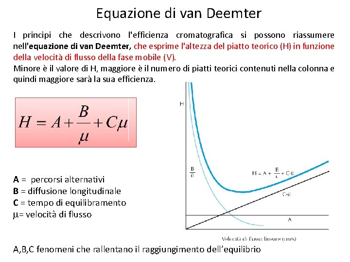 Equazione di van Deemter I principi che descrivono l'efficienza cromatografica si possono riassumere nell'equazione