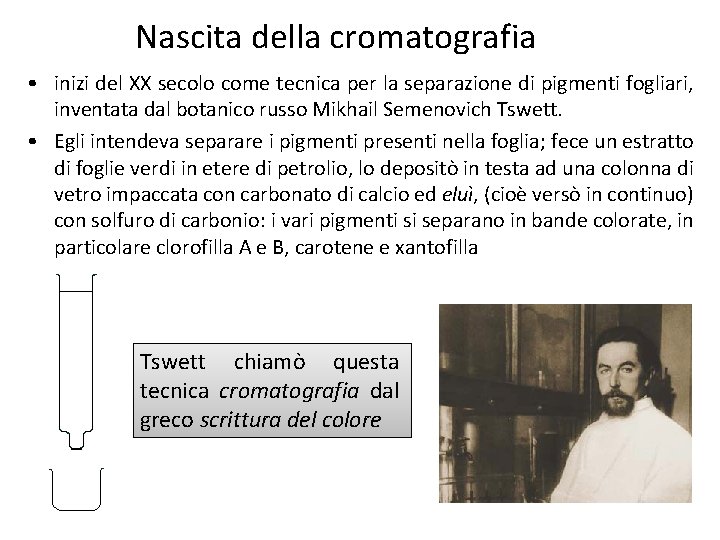 Nascita della cromatografia • inizi del XX secolo come tecnica per la separazione di