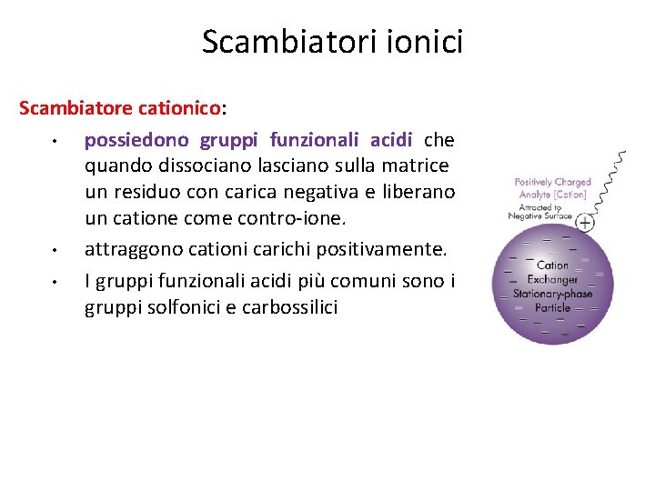 Scambiatori ionici Scambiatore cationico: • possiedono gruppi funzionali acidi che quando dissociano lasciano sulla