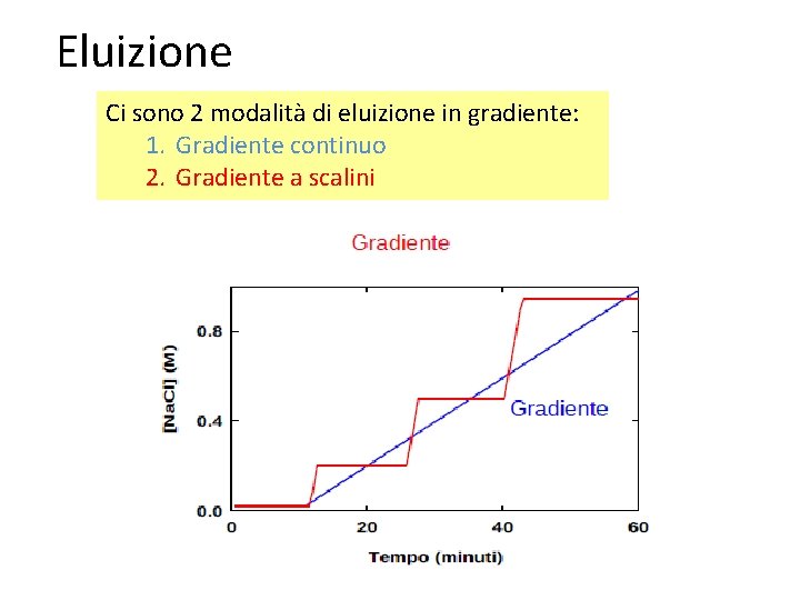 Eluizione Ci sono 2 modalità di eluizione in gradiente: 1. Gradiente continuo 2. Gradiente