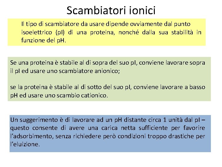 Scambiatori ionici Il tipo di scambiatore da usare dipende ovviamente dal punto isoelettrico (p.