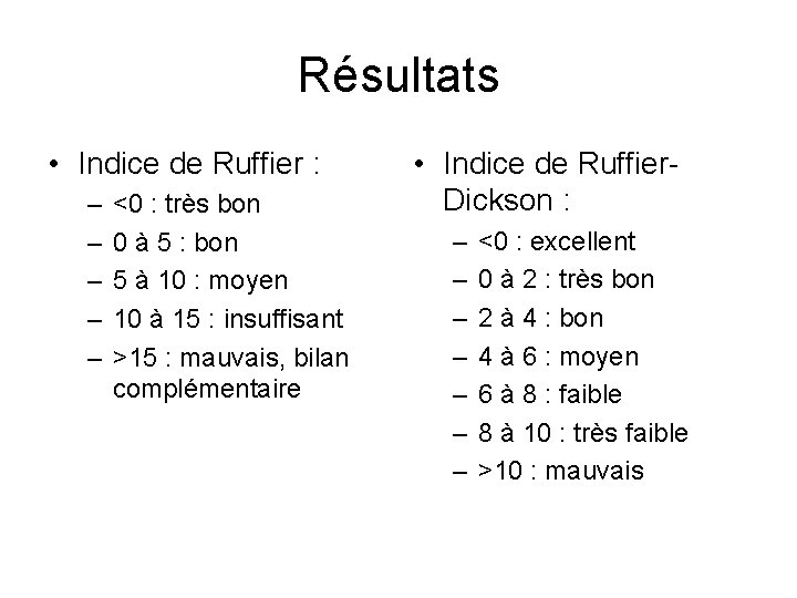 Résultats • Indice de Ruffier : – – – <0 : très bon 0 Résultats • Indice de Ruffier : – – – <0 : très bon 0