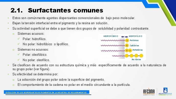 2. 1. Surfactantes comunes • Estos son comúnmente agentes dispersantes convencionales de bajo peso