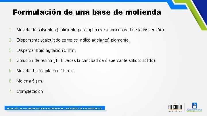 Formulación de una base de molienda 1. Mezcla de solventes (suficiente para optimizar la