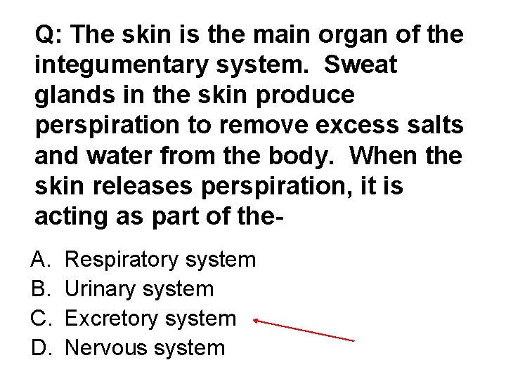 Q: The skin is the main organ of the integumentary system. Sweat glands in