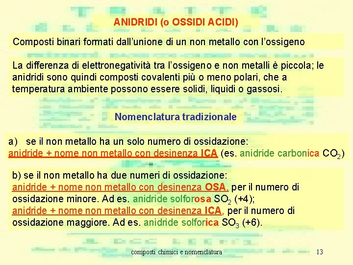ANIDRIDI (o OSSIDI ACIDI) Composti binari formati dall’unione di un non metallo con l’ossigeno ANIDRIDI (o OSSIDI ACIDI) Composti binari formati dall’unione di un non metallo con l’ossigeno
