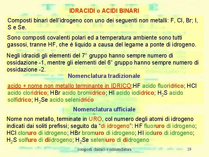 IDRACIDI o ACIDI BINARI Composti binari dell’idrogeno con uno dei seguenti non metalli: F, IDRACIDI o ACIDI BINARI Composti binari dell’idrogeno con uno dei seguenti non metalli: F,