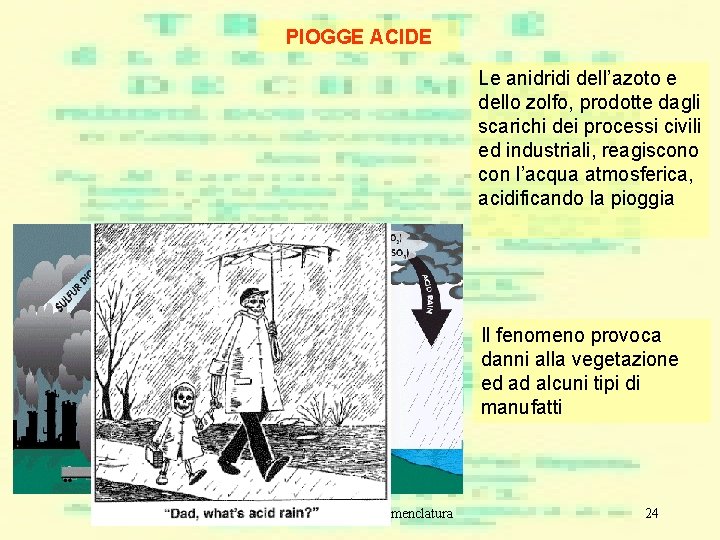 PIOGGE ACIDE Le anidridi dell’azoto e dello zolfo, prodotte dagli scarichi dei processi civili PIOGGE ACIDE Le anidridi dell’azoto e dello zolfo, prodotte dagli scarichi dei processi civili