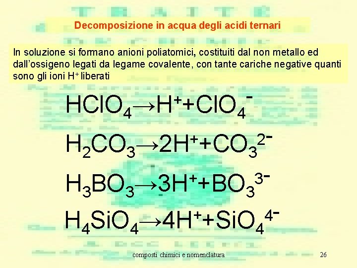 Decomposizione in acqua degli acidi ternari In soluzione si formano anioni poliatomici, costituiti dal Decomposizione in acqua degli acidi ternari In soluzione si formano anioni poliatomici, costituiti dal