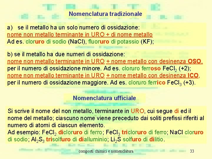 Nomenclatura tradizionale a) se il metallo ha un solo numero di ossidazione: nome non Nomenclatura tradizionale a) se il metallo ha un solo numero di ossidazione: nome non
