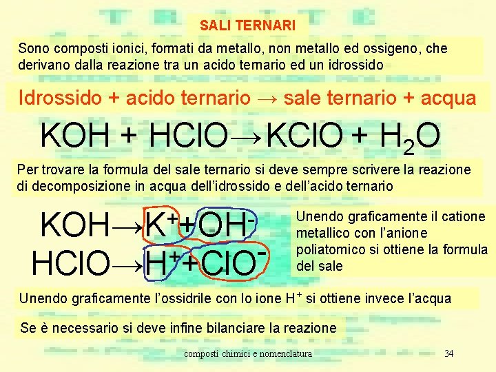 SALI TERNARI Sono composti ionici, formati da metallo, non metallo ed ossigeno, che derivano SALI TERNARI Sono composti ionici, formati da metallo, non metallo ed ossigeno, che derivano