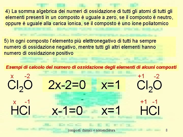 4) La somma algebrica dei numeri di ossidazione di tutti gli atomi di tutti 4) La somma algebrica dei numeri di ossidazione di tutti gli atomi di tutti