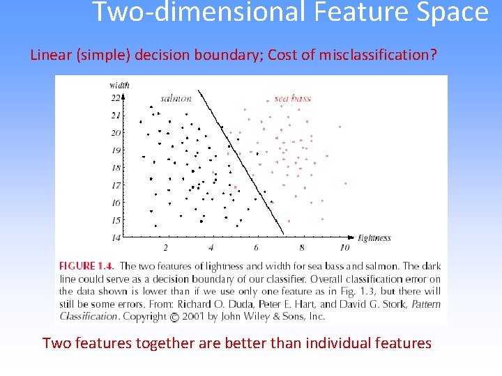 Two-dimensional Feature Space Linear (simple) decision boundary; Cost of misclassification? Two features together are