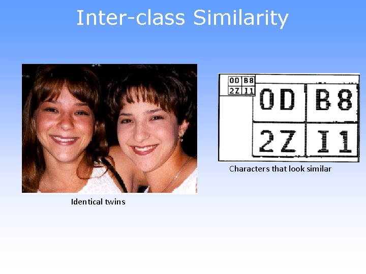 Inter-class Similarity Characters that look similar Identical twins 