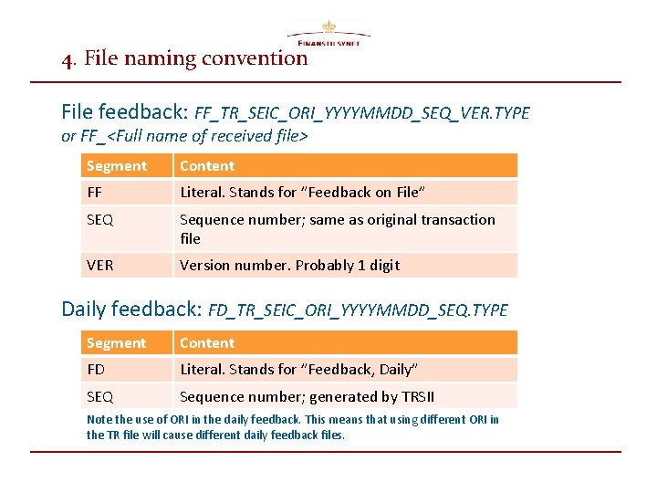 4. File naming convention File feedback: FF_TR_SEIC_ORI_YYYYMMDD_SEQ_VER. TYPE or FF_<Full name of received file>