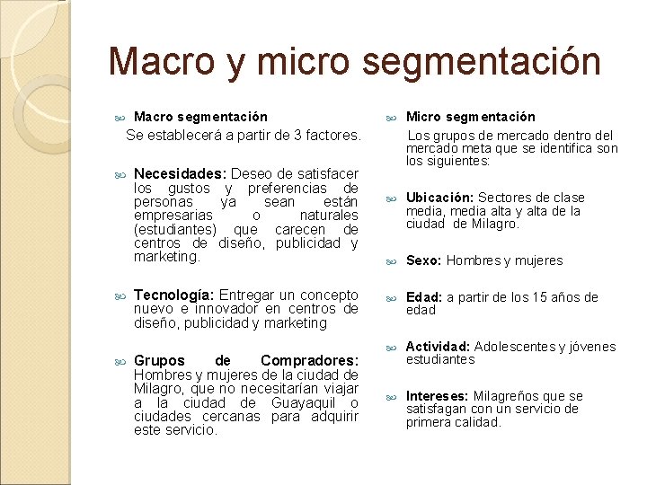 Macro y micro segmentación Macro segmentación Se establecerá a partir de 3 factores. Necesidades: