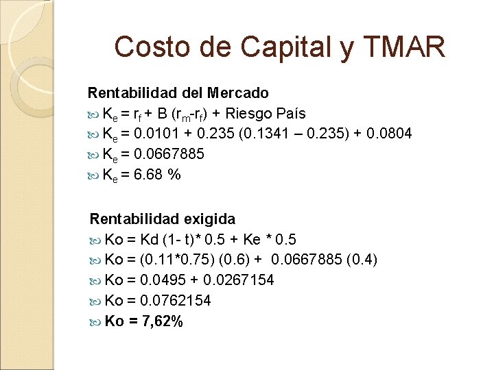 Costo de Capital y TMAR Rentabilidad del Mercado Ke = rf + B (rm-rf)