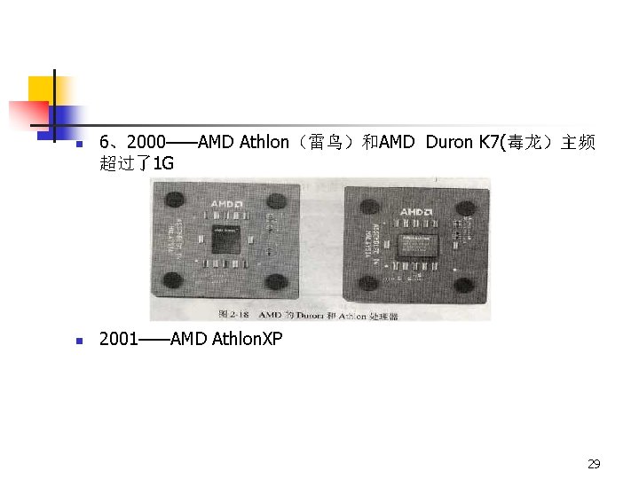 n n 6、2000——AMD Athlon（雷鸟）和AMD Duron K 7(毒龙）主频 超过了1 G 2001——AMD Athlon. XP 29 