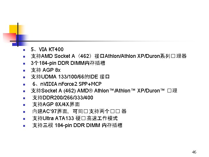 n n n 5、VIA KT 400 支持AMD Socket A（462）接口Athlon/Athlon XP/Duron系列� 理器 3个 184 -pin