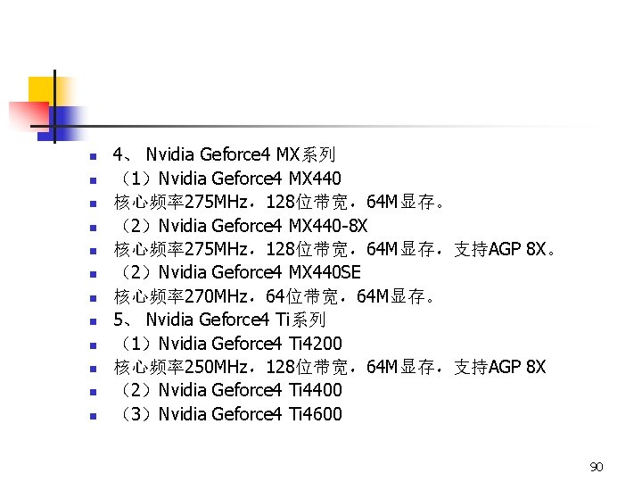 n n n 4、 Nvidia Geforce 4 MX系列 （1）Nvidia Geforce 4 MX 440 核心频率275