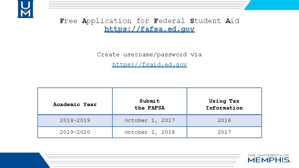 Free Application for Federal Student Aid https: //fafsa. ed. gov Create username/password via https: