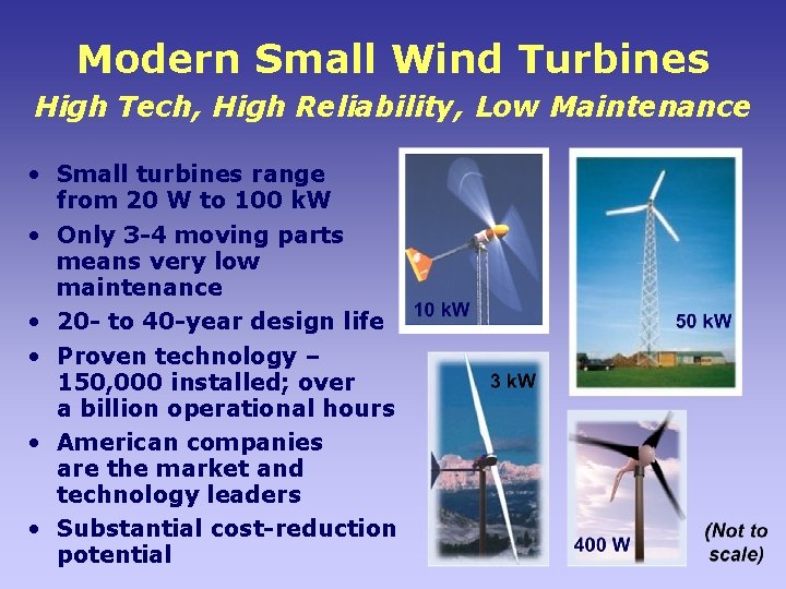 Modern Small Wind Turbines High Tech, High Reliability, Low Maintenance • Small turbines range