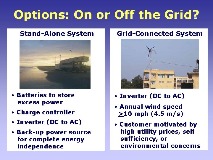 Options: On or Off the Grid? Stand-Alone System • Batteries to store excess power