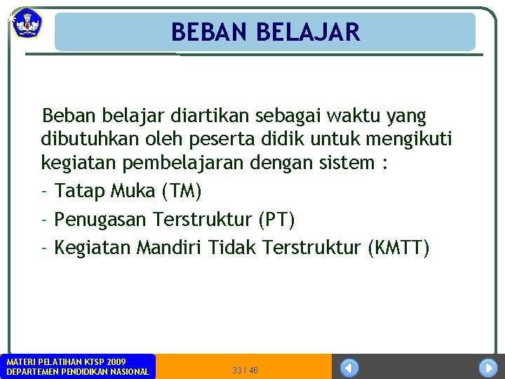 BEBAN BELAJAR Beban belajar diartikan sebagai waktu yang dibutuhkan oleh peserta didik untuk mengikuti