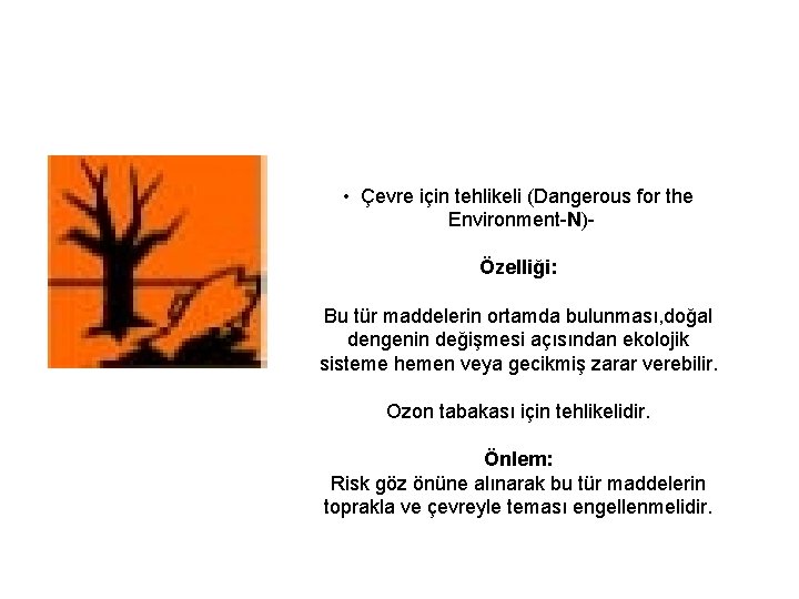  • Çevre için tehlikeli (Dangerous for the Environment N) Özelliği: Bu tür maddelerin