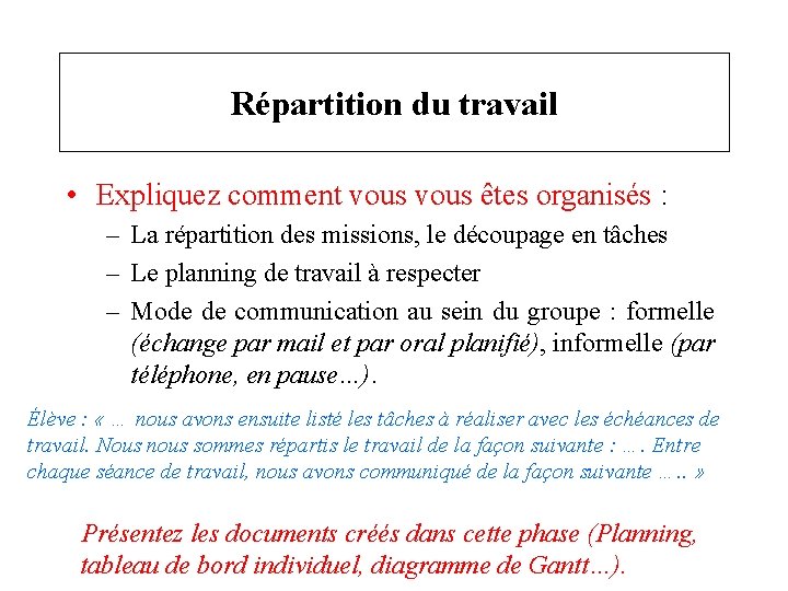 Répartition du travail • Expliquez comment vous êtes organisés : – La répartition des