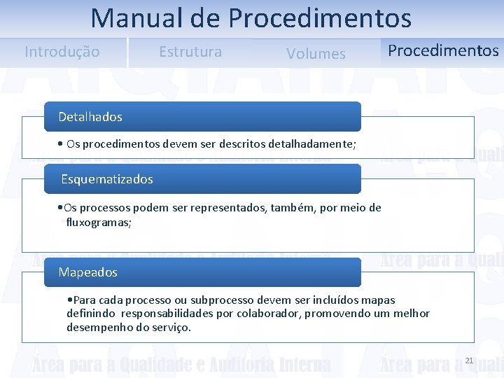 Manual de Procedimentos Introdução Estrutura Volumes Procedimentos Detalhados • Os procedimentos devem ser descritos