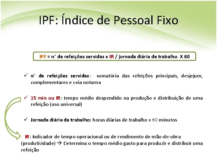 IPF: Índice de Pessoal Fixo IPF = n° de refeições servidas x IR /